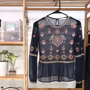 Zara Embroidered mesh long-sleeved top